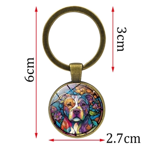 Creative glass dome keychain with colorful abstract dog art and vintage bronze metal ring