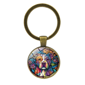 Artistic dog portrait keychain with glass gemstone pendant in bronze finish frame