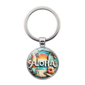 Aloha Hawaii Style Zinc Alloy Glass Cabochon Keychain Retro Sunset Surfboard Palm Tree Pattern Metal Keyring Souvenir Gift