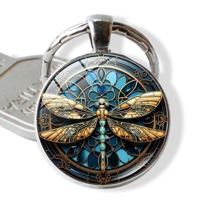 Retro Steampunk Dragonfly Time Gem Keychain Zinc Alloy Glass Pendant Round Art Jewelry Key Ring For Men Women Creative Gift