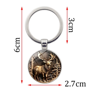 Vintage elk glass gem keychain in silver metal with forest deer pendant for bags