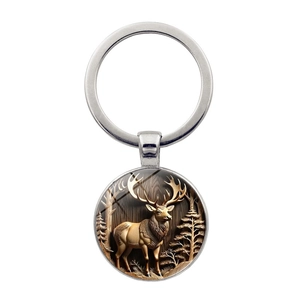 Vintage Zinc Alloy Glass Time Gem Elk Keychain Forest Deer Round Pendant Car Bag Hanging Decoration Charm