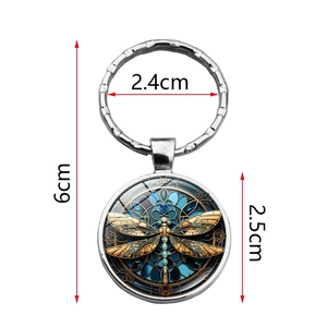 Steampunk dragonfly glass dome keychain pendant in silver finish with size dimensions