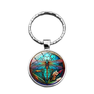 Vintage steampunk dragonfly art glass cabochon keychain with a polished silver metal ring