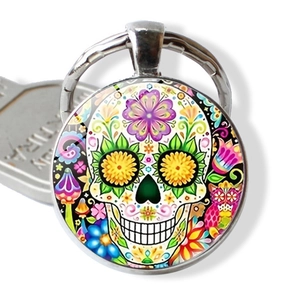 Mexican Sugar Skull Keychain Zinc Alloy Glass Pendant Colorful Floral Key Ring Day Of The Dead Festival Jewelry Gift