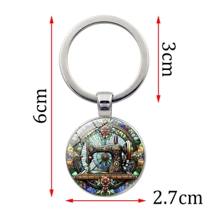 Porte-clés machine à coudre en verre argenté avec motif floral, longueur 6cm