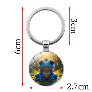 Frog Prince keychain with crown and wings, 6cm silver metal ring and glass pendant