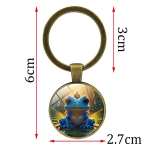 Frog Prince keychain pendant in bronze metal with crown illustration and dimension details