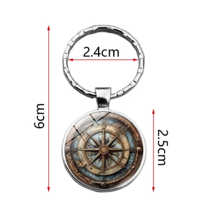 Porte-clés boussole nautique vintage avec anneau en métal argenté et cabochon en verre