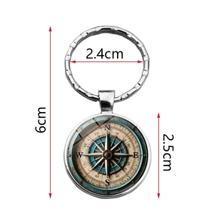 Vintage silver metal compass keychain with glass dome and 2.5cm pendant diameter