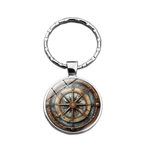 Porte-clés boussole nautique vintage argenté avec pendentif dôme en verre rétro