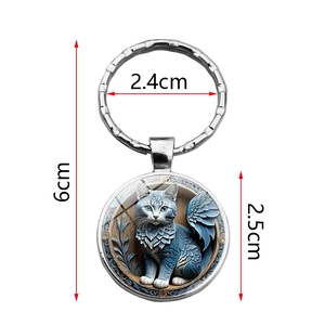 Flying cat time gem keychain featuring a blue winged cat illustration in a silver metal ring