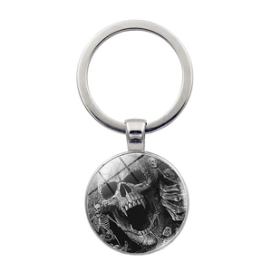 Porte-clés en Métal Gothique Punk Halloween Motif Crâne Pendentif Rond en Verre Cabochon Bronze Antique Argent Accessoire
