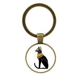 Egyptian Bastet cat goddess keychain made of bronze alloy with ancient mystic pattern