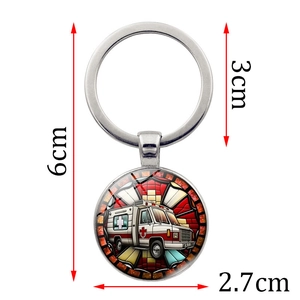 Creative ambulance glass pendant keychain with dimensions of 6cm height and 2.7cm diameter