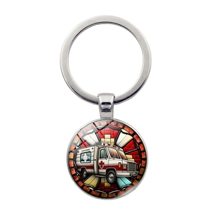 Vintage Zinc Alloy Ambulance Keychain Round Glass Cabochon Stained Glass Art Charm For Emergency Medical Staff Doctor Gift