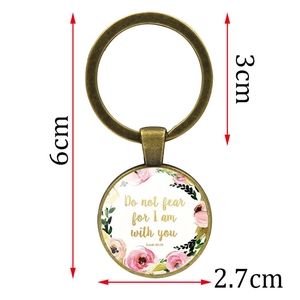 Vintage bronze keychain featuring Isaiah 41:10 verse and pink rose floral pendant