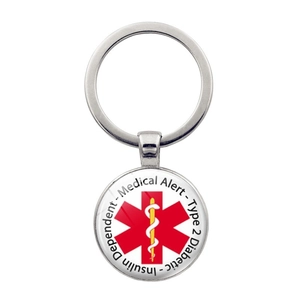 Medical Alert Keychain Type 2 Diabetic Zinc Alloy Glass Star Of Life Insulin Dependent Emergency Identification Pendant Key Ring Jewelry