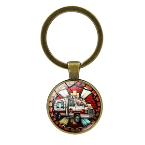 Bronze ambulance keychain with colorful stained-glass style round pendant charm
