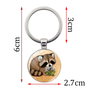 Creative silver metal raccoon keychain with glass cabochon pendant and 6cm total length