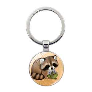 Raccoon Keychain Cute Animal Glass Cabochon Zinc Alloy Metal Keyring Fashion Illustration Pendant Gift Accessory Women Men