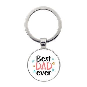 Silver Best DAD Ever keychain with stars and calligraphy design on white background