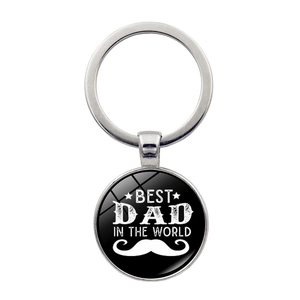 Silver Best Dad In The World round keychain with mustache and stars graphics