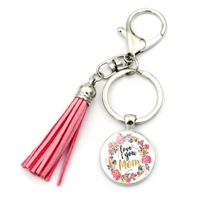 Mother's Day Gift Keychain With Suede Tassel Alloy Glass Cabochon Love You Mom Pendant Key Ring For Women Mom Birthday Gift