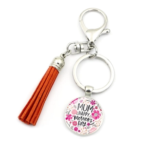 Silver Mother's Day keychain with pink floral glass pendant and orange suede tassel