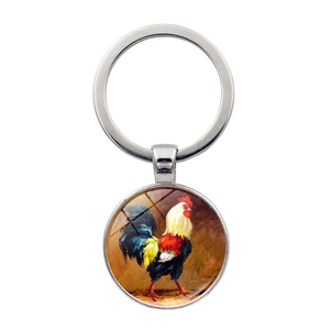 Porte-clés avec motif de coq style peinture à l'huile et pendentif rond en métal