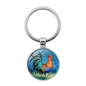 Porte-clés artistique avec peinture à l'huile de coq et anneau en métal argenté poli
