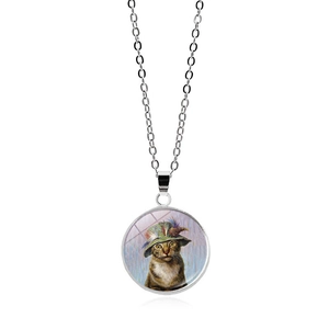 Collier pendentif chat Van Gogh Nuit étoilée avec chaîne croisée argentée pour femme