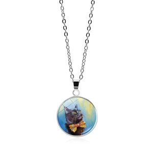 Pendentif chat en verre de style Van Gogh Nuit Étoilée avec chaîne argentée