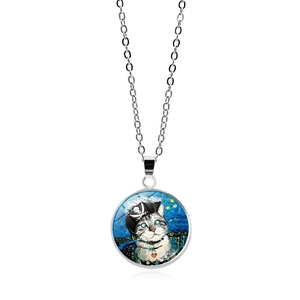 Collier Pendentif Chat Nuit Étoilée Van Gogh Artistique Gemme de Temps Alliage Verre Chaîne Bijoux Cadeau Chat pour Femme