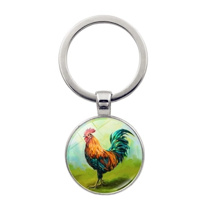 Porte-clés rond en métal avec illustration de coq style peinture à l'huile aux couleurs vives