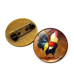 Retro rooster oil painting brooch with bronze alloy base and glass dome artistic badge