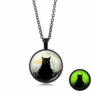 Glow in the dark cat and moon pendant necklace with black stainless steel chain