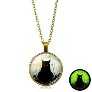 Vintage luminous cat necklace with black cat silhouette on crescent moon glass pendant