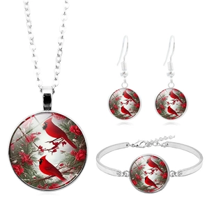 Χριστουγεννιάτικα Κοσμήματα Cardinal Bird Glass Cabochon Κολιέ Βραχιόλι Σκουλαρίκια για Γυναίκες Χειμερινό Δώρο Κράμα
