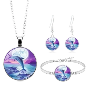 Dolphin Moon Ocean Time Gem Jewelry Collection Alloy Glass Pendant Necklace Bracelet Hook Earrings Western Fashion Jewelry Gift For Women