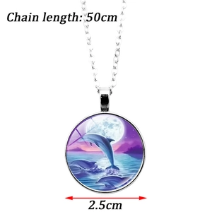 Dolphin moon glass pendant necklace with 50cm chain and 2.5cm diameter charm