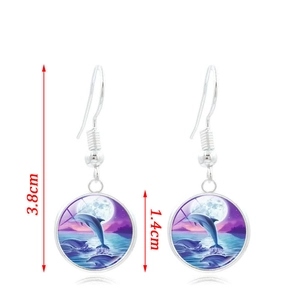 Moonlight dolphin glass dome earrings with silver hooks showing dimensions 3.8cm in length