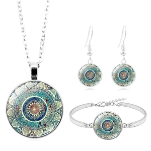 Parure de Bijoux Mandala Bohème Vintage Alliage Verre Collier Boucles d'Oreilles Bracelet Ensemble 4pcs Style Ethnique Rétro Bijoux Femme