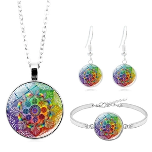 Parure de bijoux mandala argenté vintage avec collier boucles d'oreilles et bracelet coloré