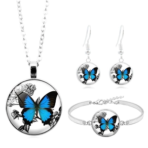 Blue Butterfly Jewelry Set For Women Alloy Glass Cabochon Necklace Bracelet Earrings Vintage Floral Fashion Jewelry Set