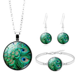Vintage Peacock Feather Jewelry Set For Women Alloy Silver Glass Gem Necklace Bracelet Hook Earrings 4Pcs Fashion Jewelry