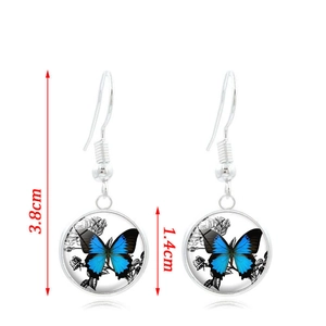 Silver butterfly earrings with glass dome and floral patterns, size 3.8cm by 1.4cm
