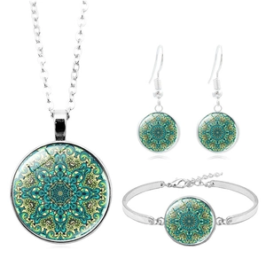 Parure de bijoux mandala argentée avec collier, bracelet et boucles d'oreilles verts