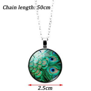 Silver necklace with peacock feather glass gem pendant 2.5cm and 50cm chain