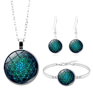 Parure de bijoux mandala argentée vintage avec collier boucles d'oreilles et bracelet